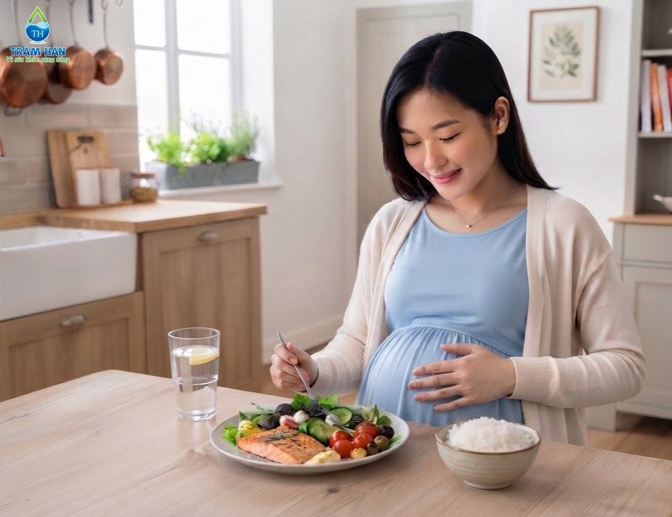 Người mẹ đang mang thai dùng bữa bên ly nước sạch trong căn bếp gia đình